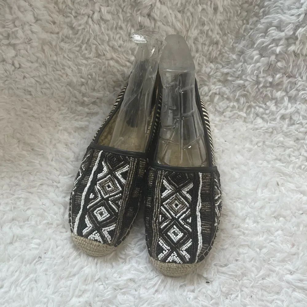 Sam Edelman Lida Beaded Geometric Black Gold White Leather Espadrilles SZ10.5M